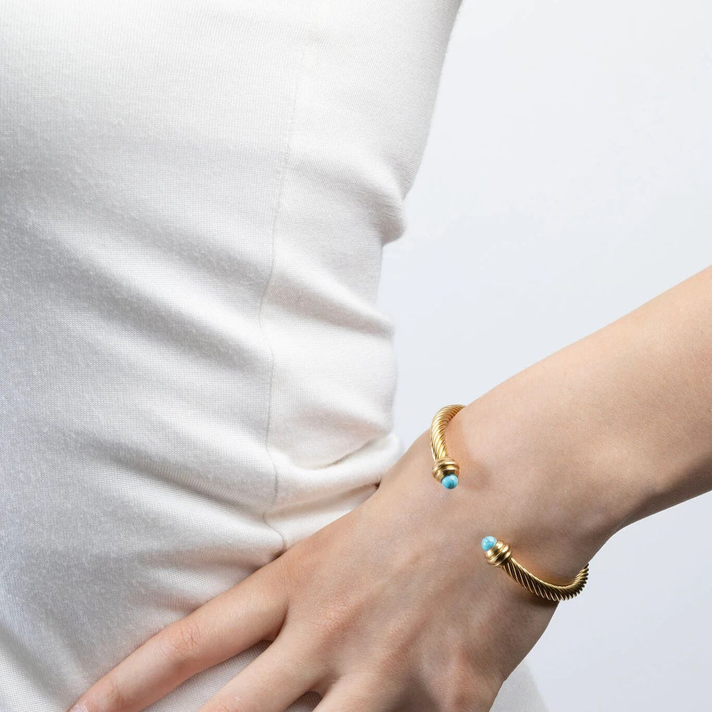 Turquoise Twisted Bangle – Gold Bangle Bracelet With Textured Wrist Cuff - Bracelets | Sunflower Soul Boutique