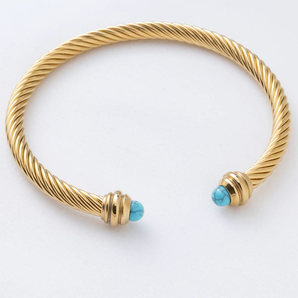Turquoise Twisted Bangle – Gold Bangle Bracelet With Textured Wrist Cuff - Bracelets | Sunflower Soul Boutique