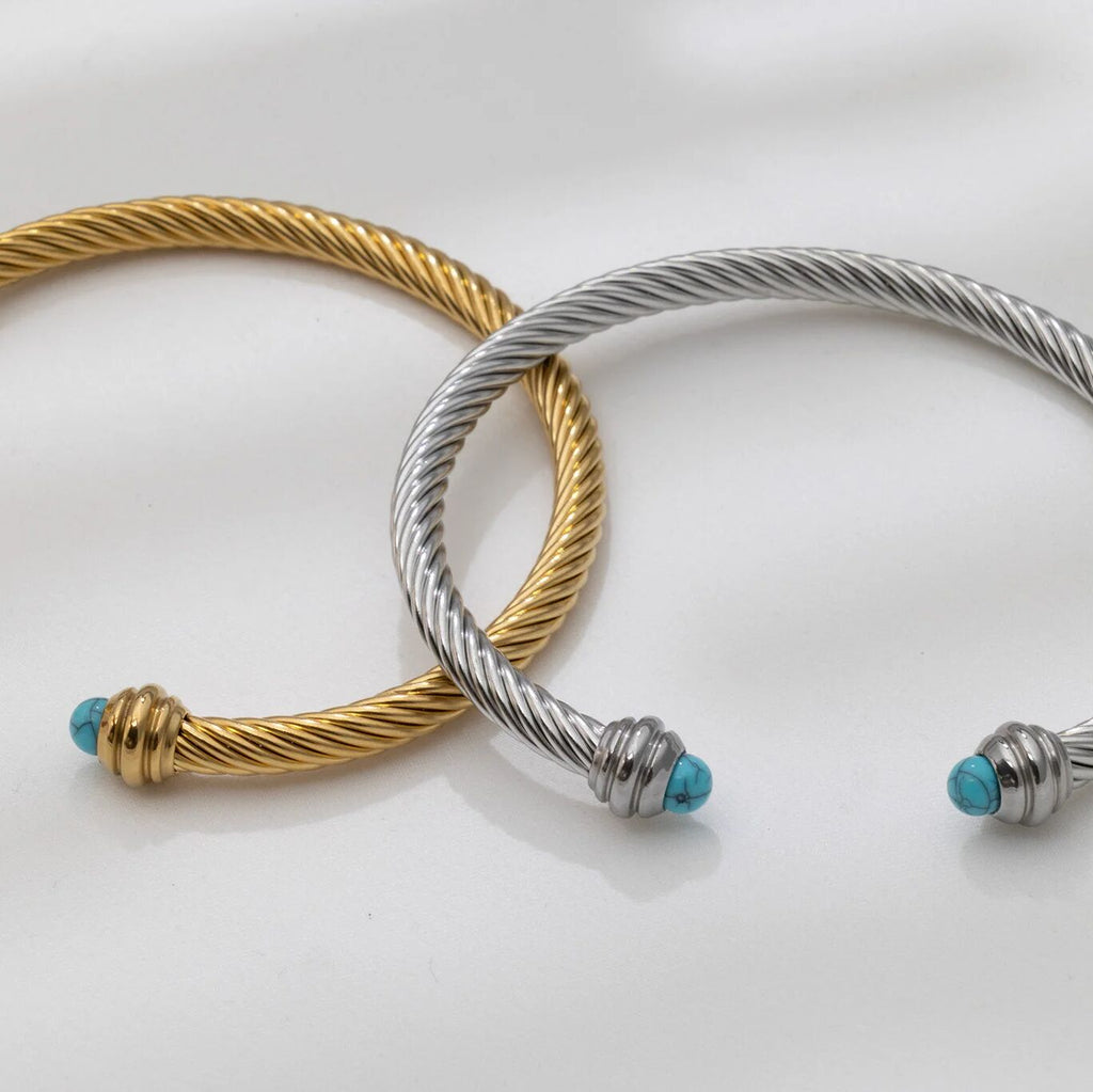 Turquoise Twisted Bangle – Gold Bangle Bracelet With Textured Wrist Cuff - Bracelets | Sunflower Soul Boutique