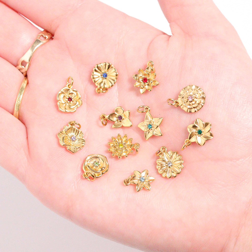 Birth Flower Charm – 18K Gold PVD Coated Pendant with Birthstone Sparkle