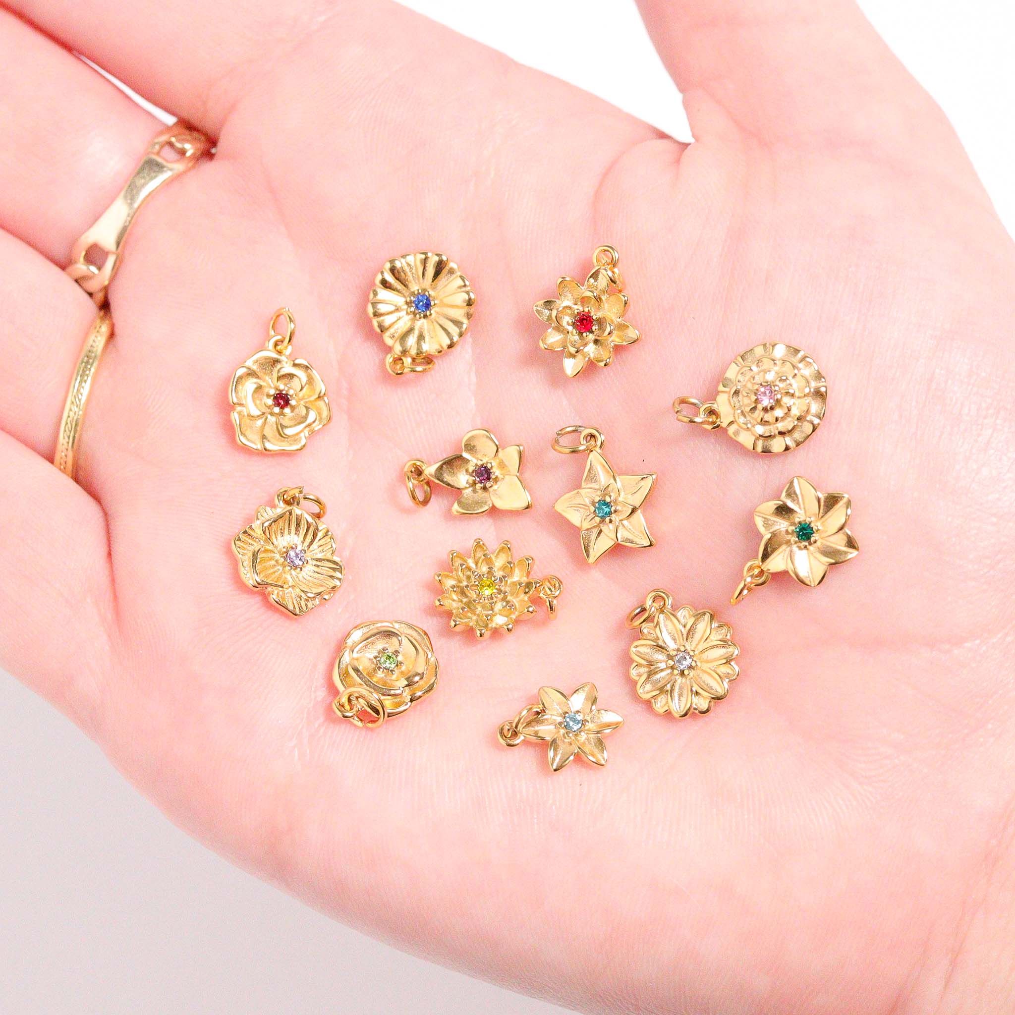 Birth Flower Charm – 18K Gold PVD Coated Pendant with Birthstone Sparkle