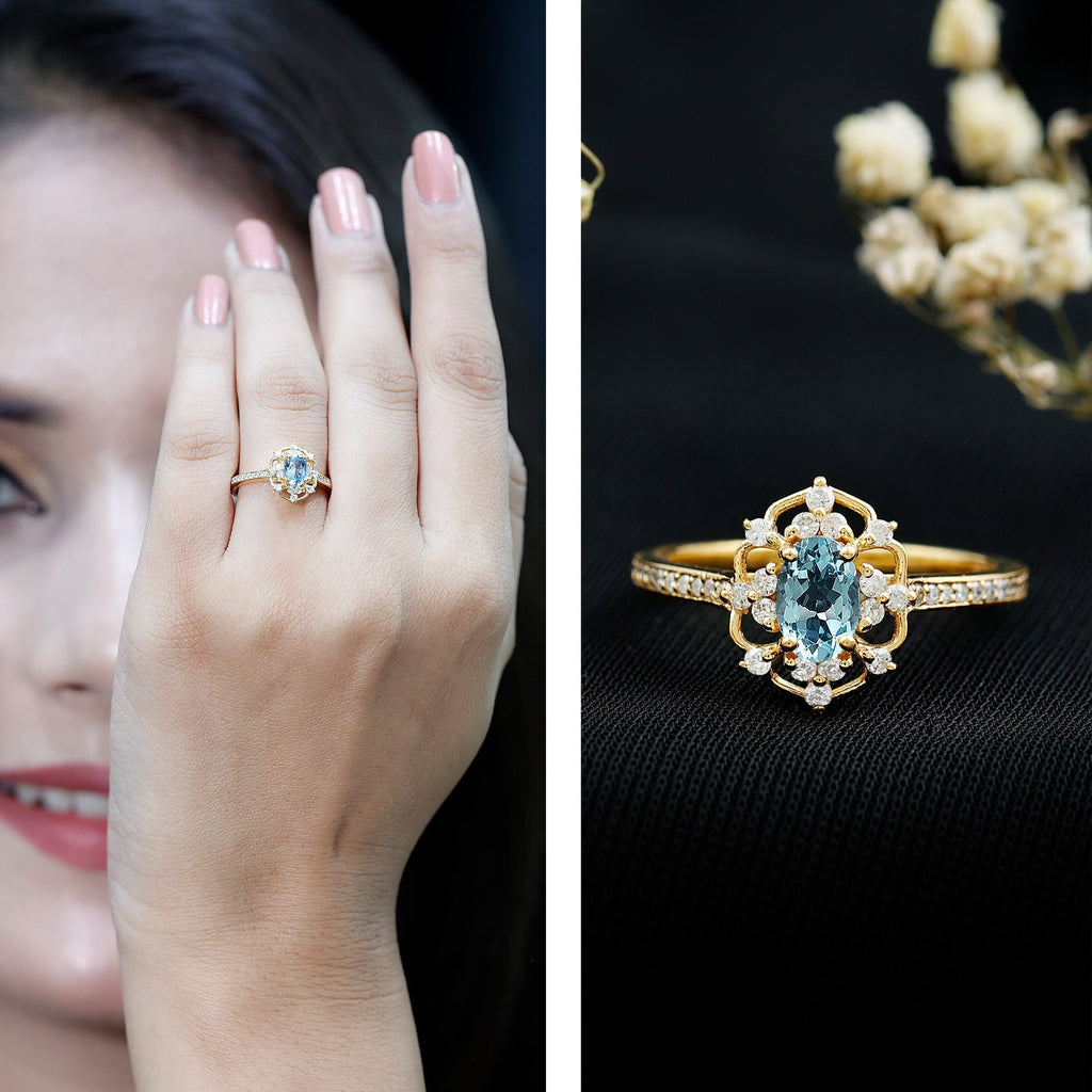 Vintage Aquamarine Ring – Certified Oval Aquamarine Engagement Band With Diamond Accents