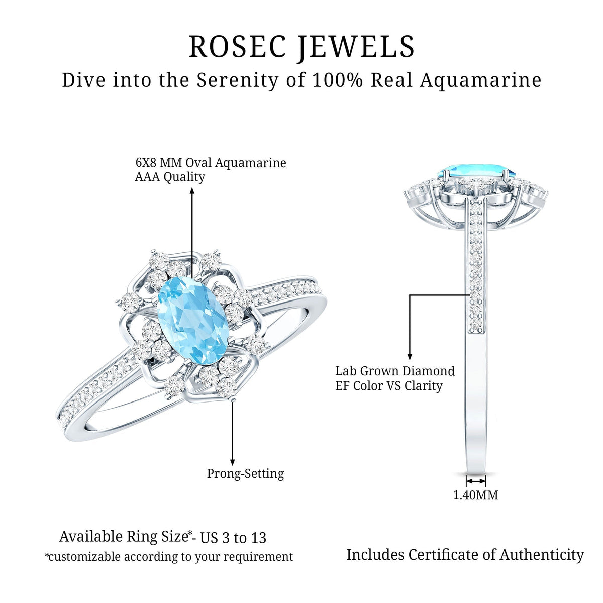 Vintage Aquamarine Ring – Certified Oval Aquamarine Engagement Band With Diamond Accents