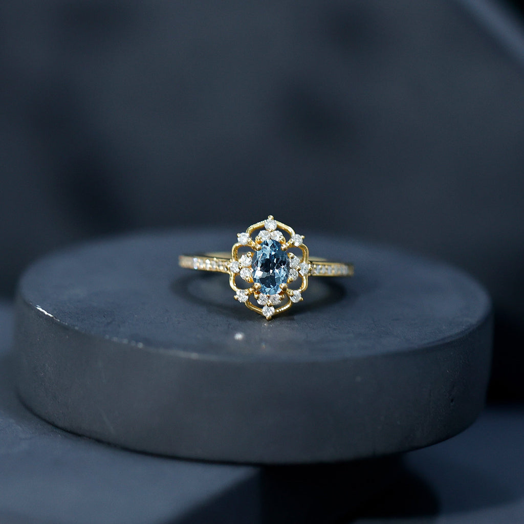 Vintage Aquamarine Ring – Certified Oval Aquamarine Engagement Band With Diamond Accents