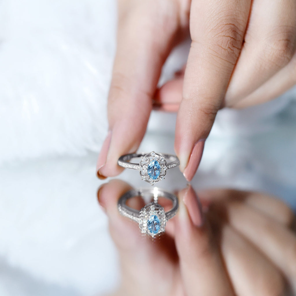 Vintage Aquamarine Ring – Certified Oval Aquamarine Engagement Band With Diamond Accents