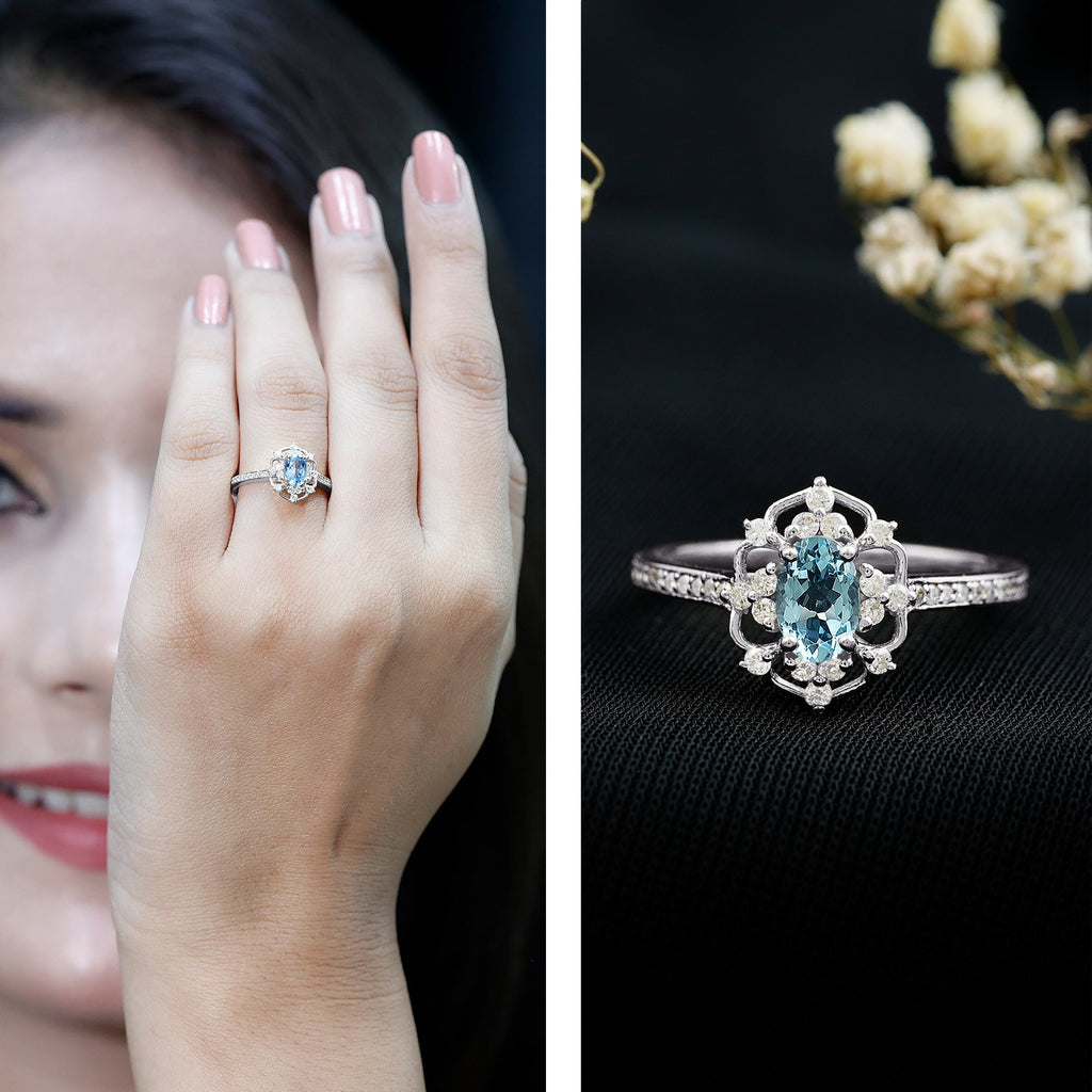 Vintage Aquamarine Ring – Oval Cut Aquamarine Engagement Band | 14K White Gold Plated