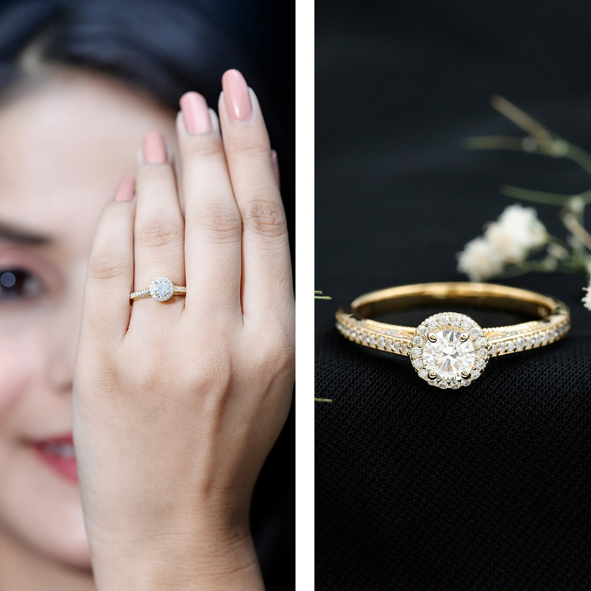 Vintage Engagement Ring – Diamond Halo Ring with Lab Grown Stone & Beaded Frame