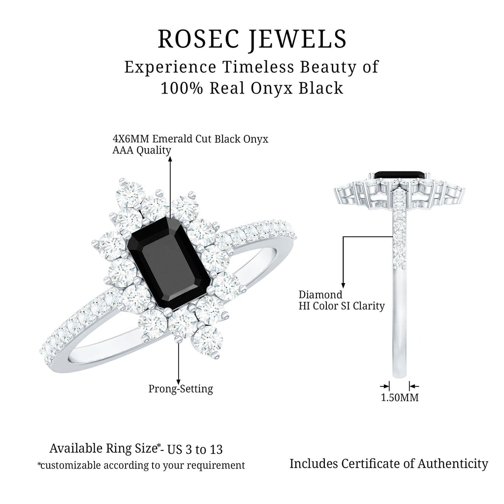 Vintage Inspired Black Onyx Engagement Ring with Diamond Halo