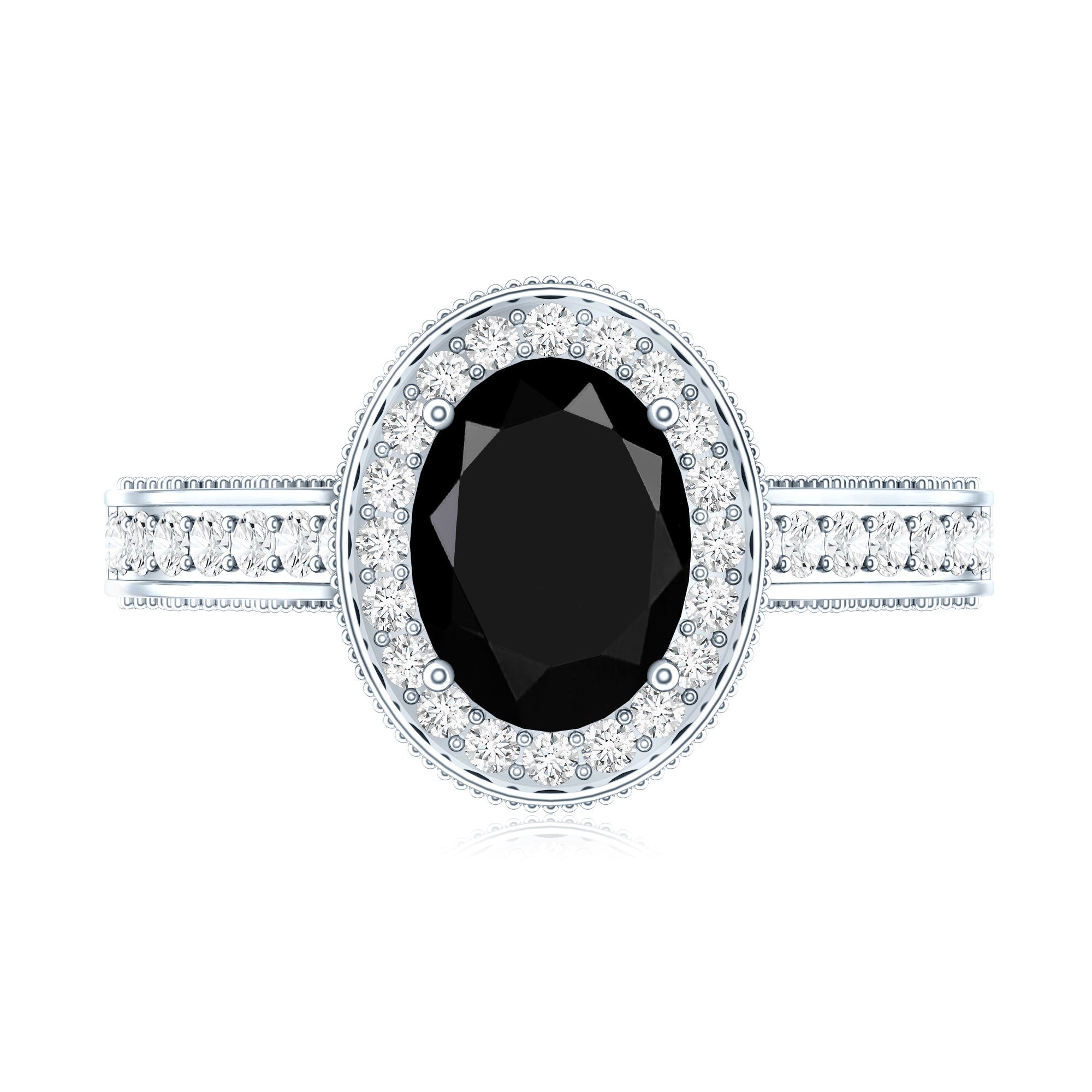 Vintage Inspired Black Onyx Oval Engagement Ring with Diamond Halo