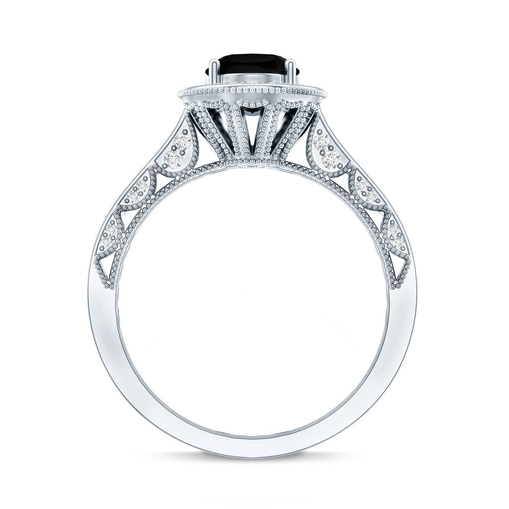 Vintage Inspired Black Onyx Oval Engagement Ring with Diamond Halo