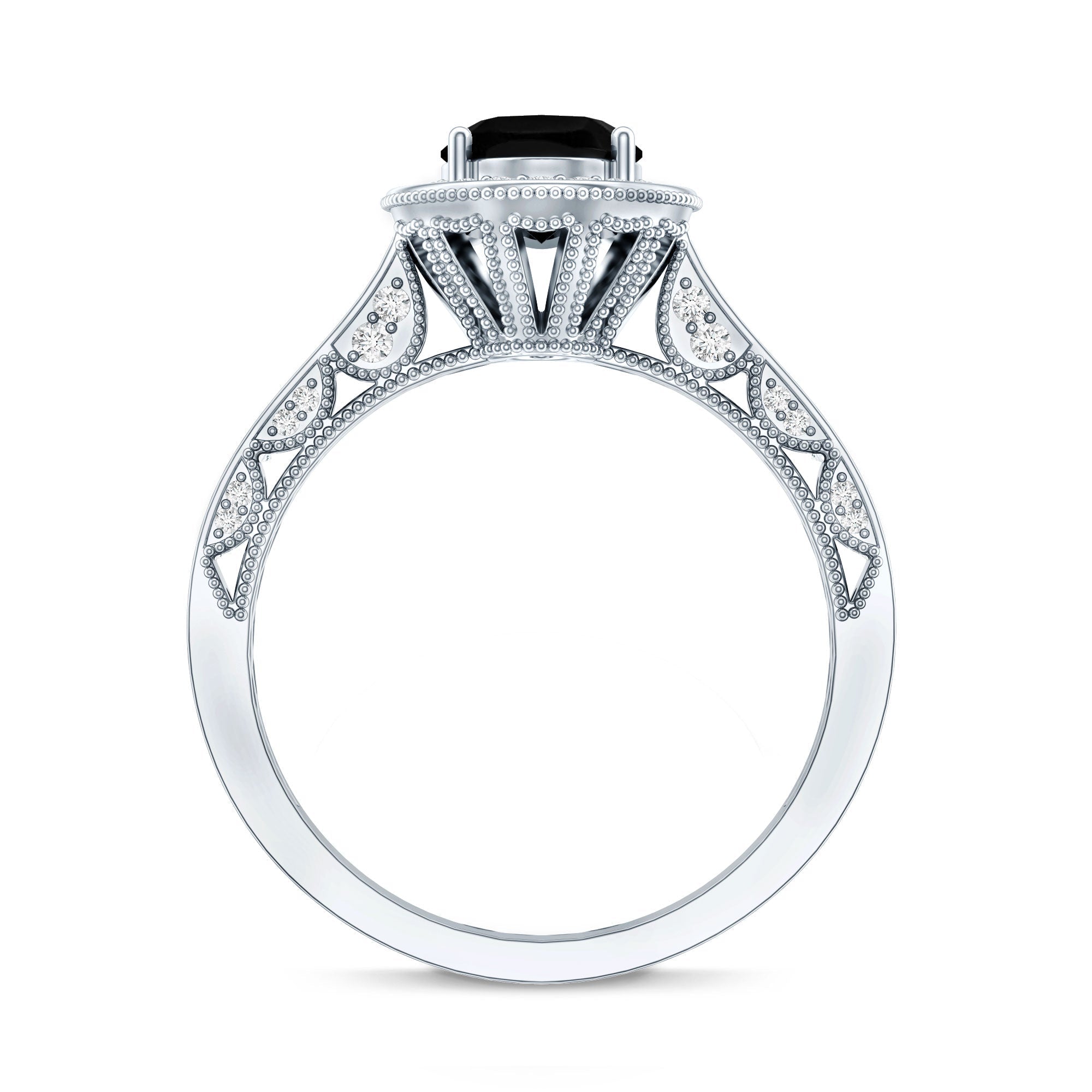 Vintage Inspired Black Onyx Oval Engagement Ring with Diamond Halo