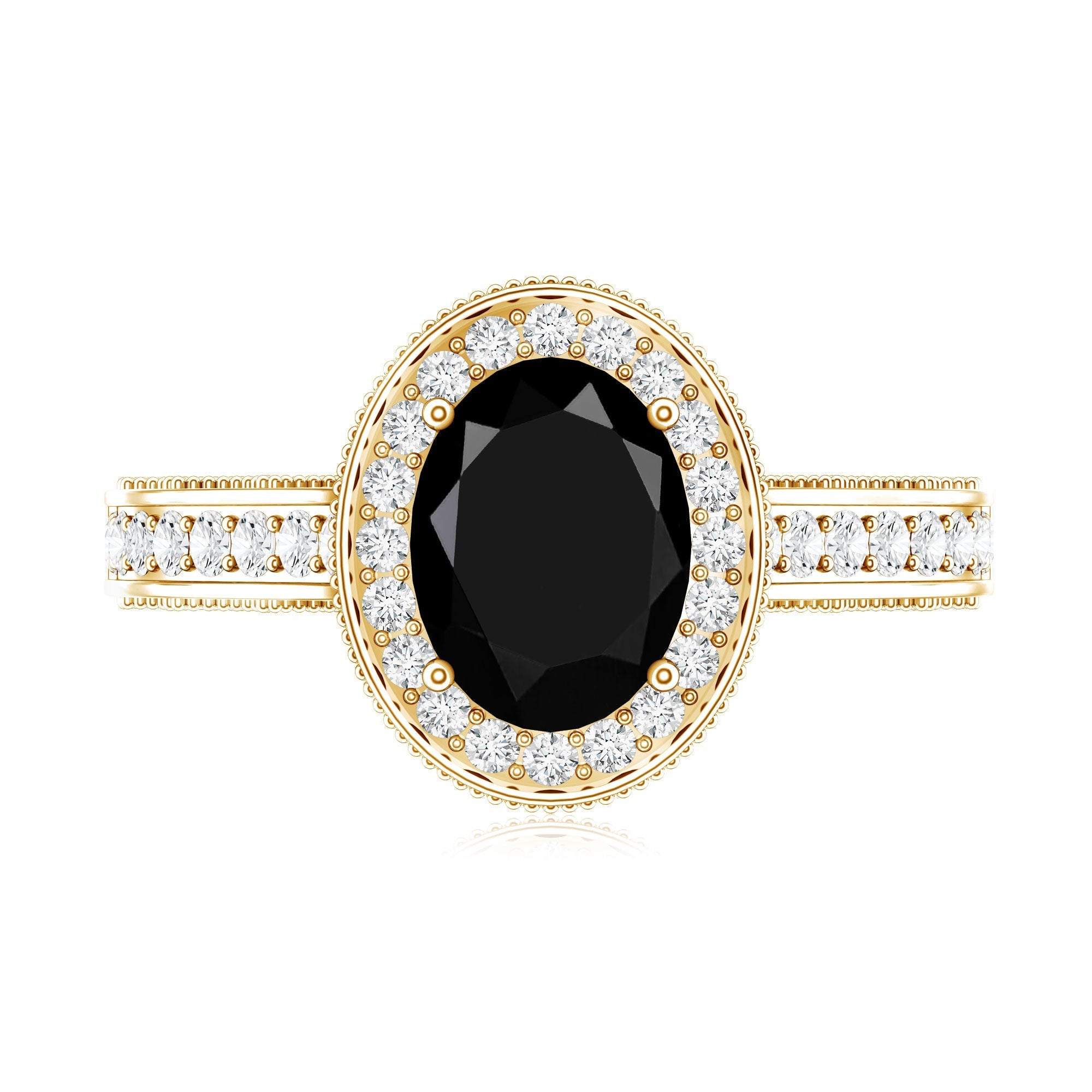 Vintage Inspired Black Onyx Oval Engagement Ring with Diamond Halo