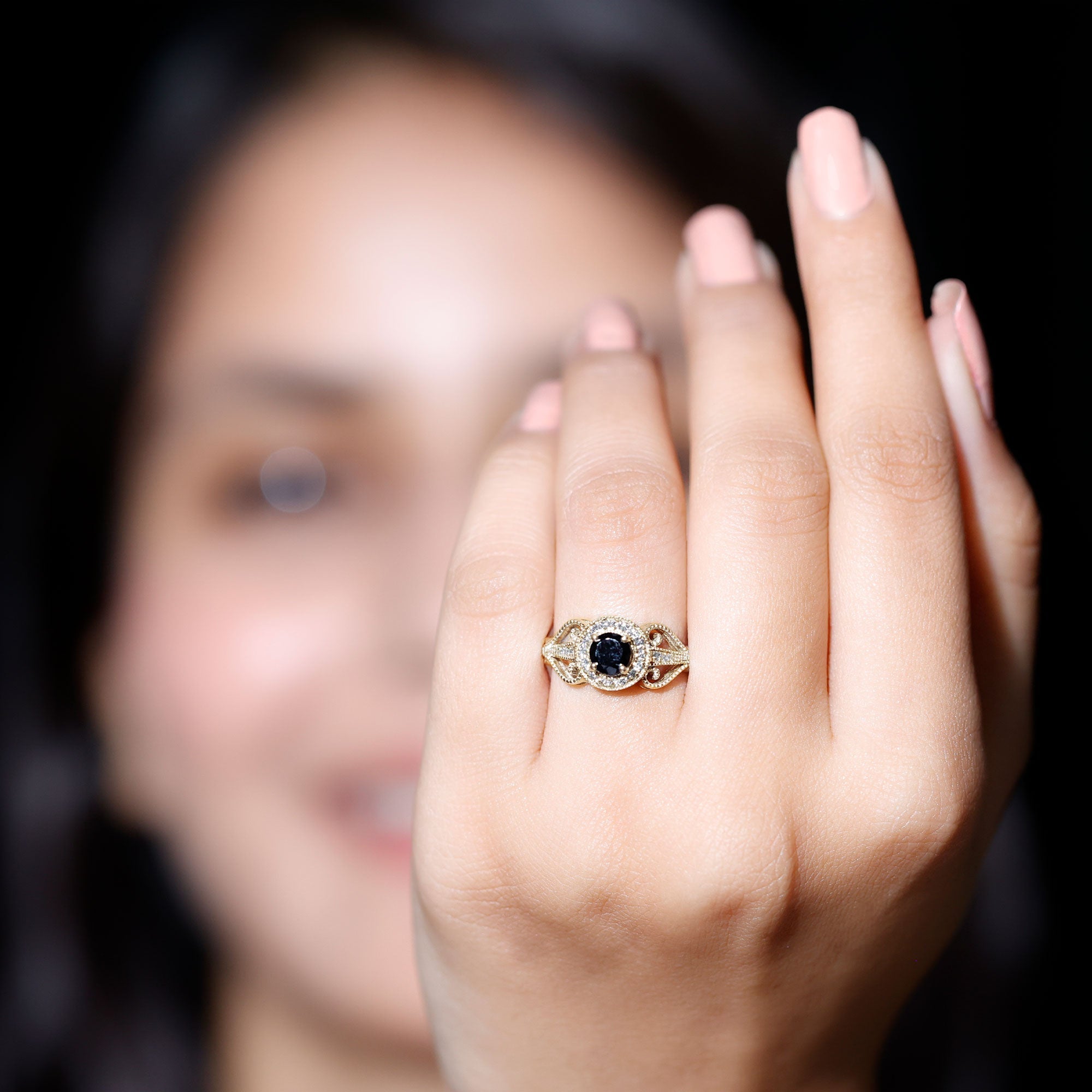 Vintage Inspired Black Spinel and Diamond Engagement Ring