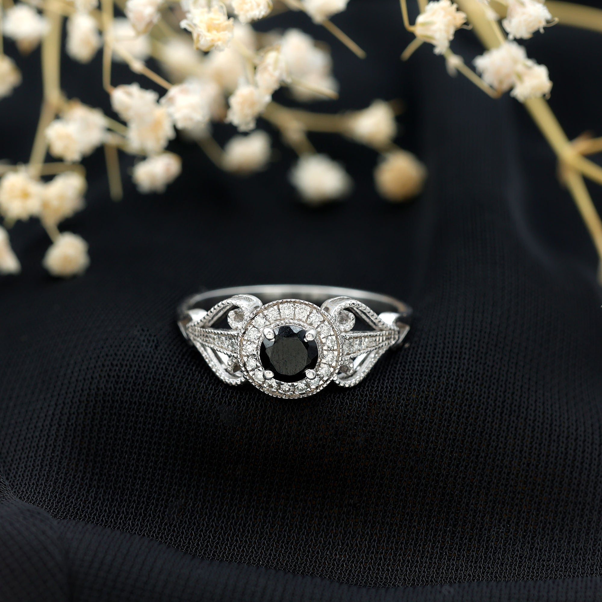 Vintage Inspired Black Spinel and Diamond Engagement Ring