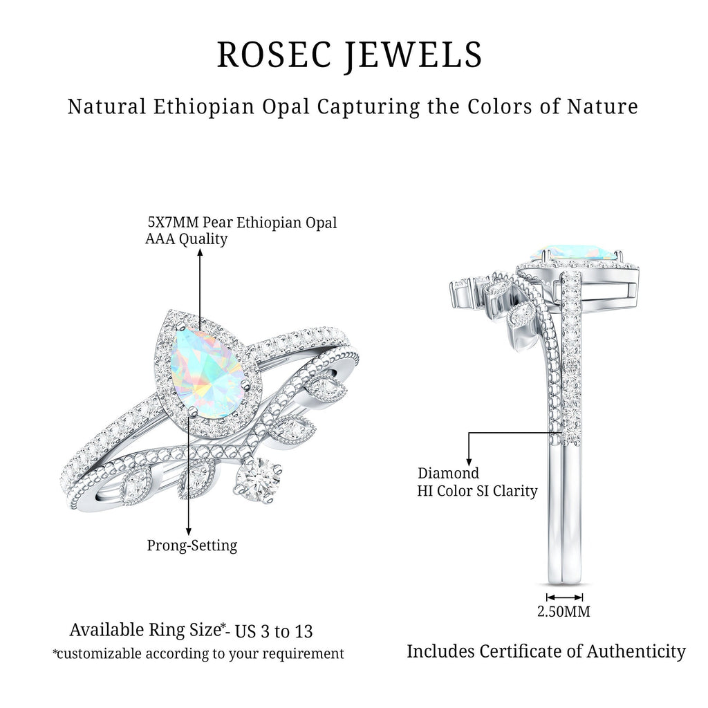 Vintage Inspired Ethiopian Opal Diamond Designer Bridal Ring Set