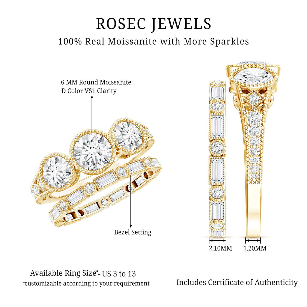 Vintage Inspired Moissanite 3 Stone Wedding Ring Set