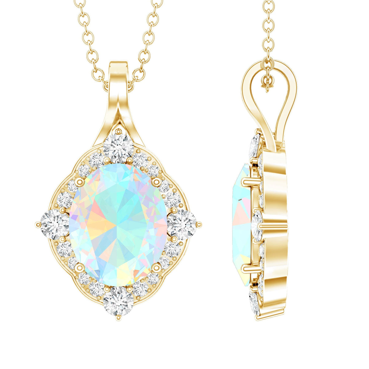 Vintage Inspired Oval Ethiopian Opal Halo Necklace with Chain