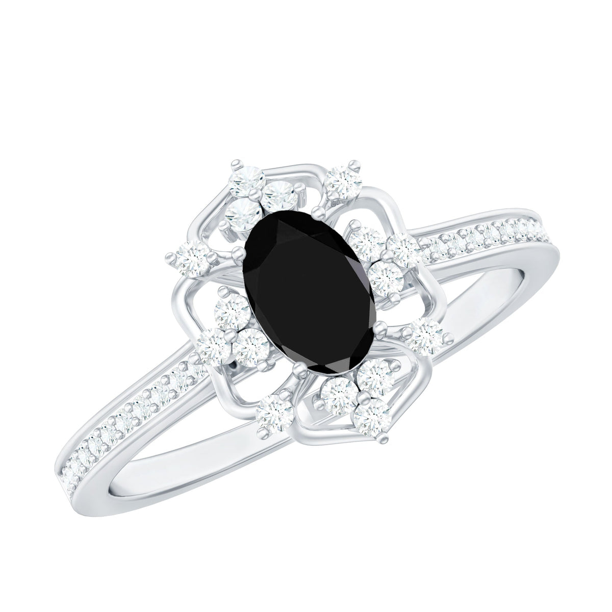 Vintage Looking Black Spinel Oval Engagement Ring with Diamond