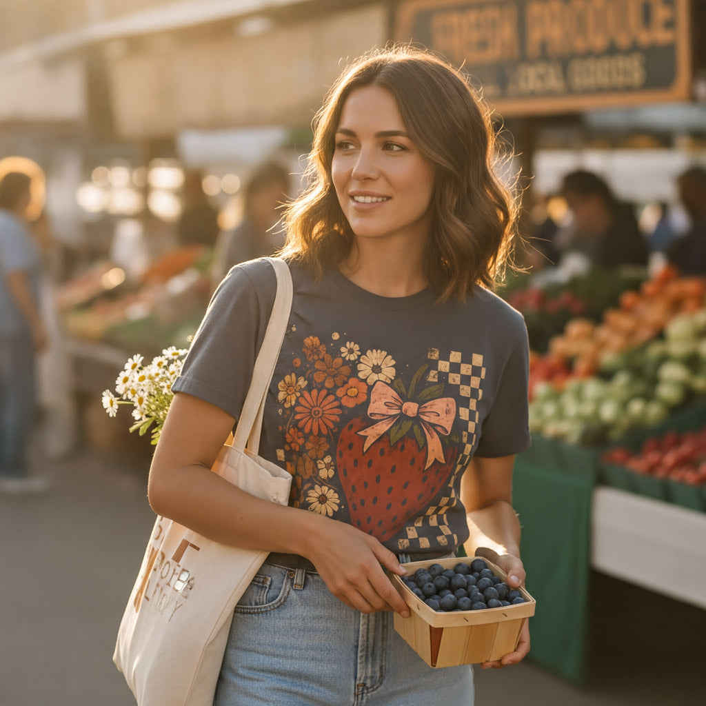 Vintage Strawberry T-Shirt – Soft Cotton Floral Print Tee | Retro Style Shirt - T-Shirt | Sunflower Soul Boutique
