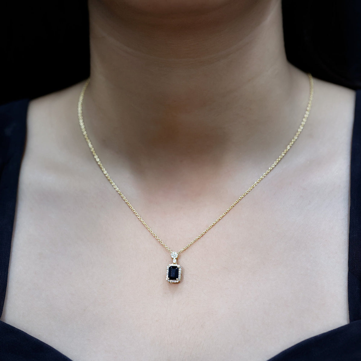 Vintage Style 1 Carat Emerald Cut Black Spinel Statement Necklace with Diamond Halo