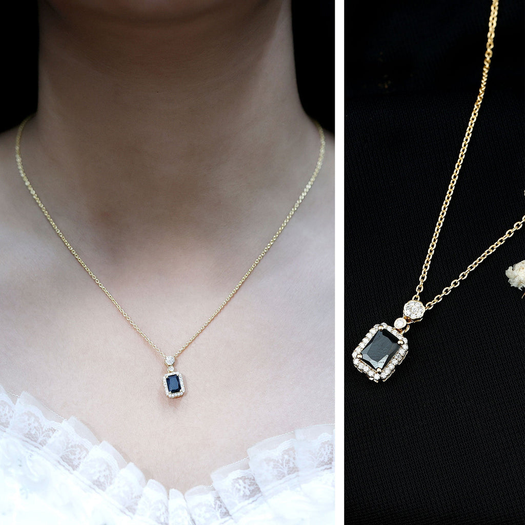 Vintage Style 1.25 Carat Emerald Cut Lab Created Black and White Diamond Necklace