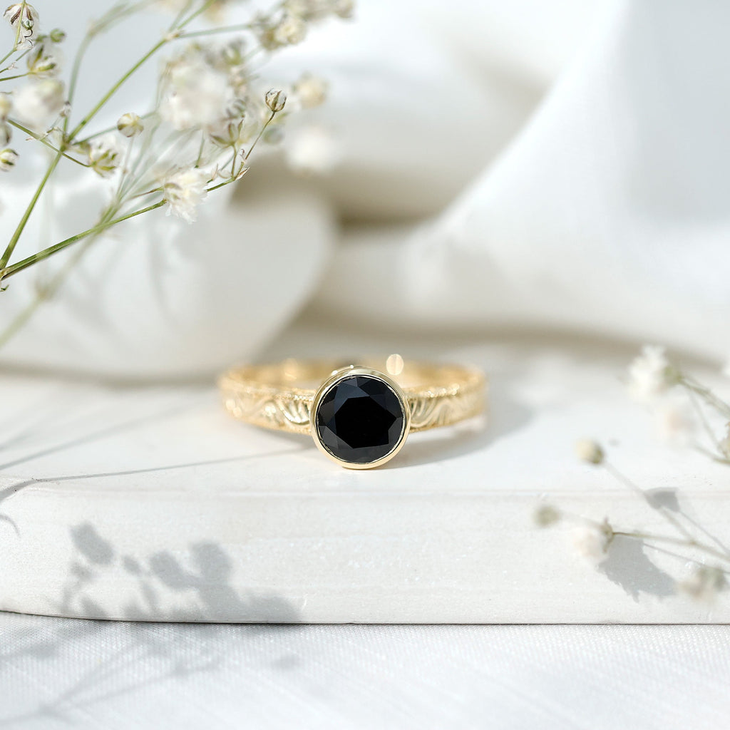Vintage Style 2 Carat Lab Grown Black Diamond Bezel Set Engagement Ring