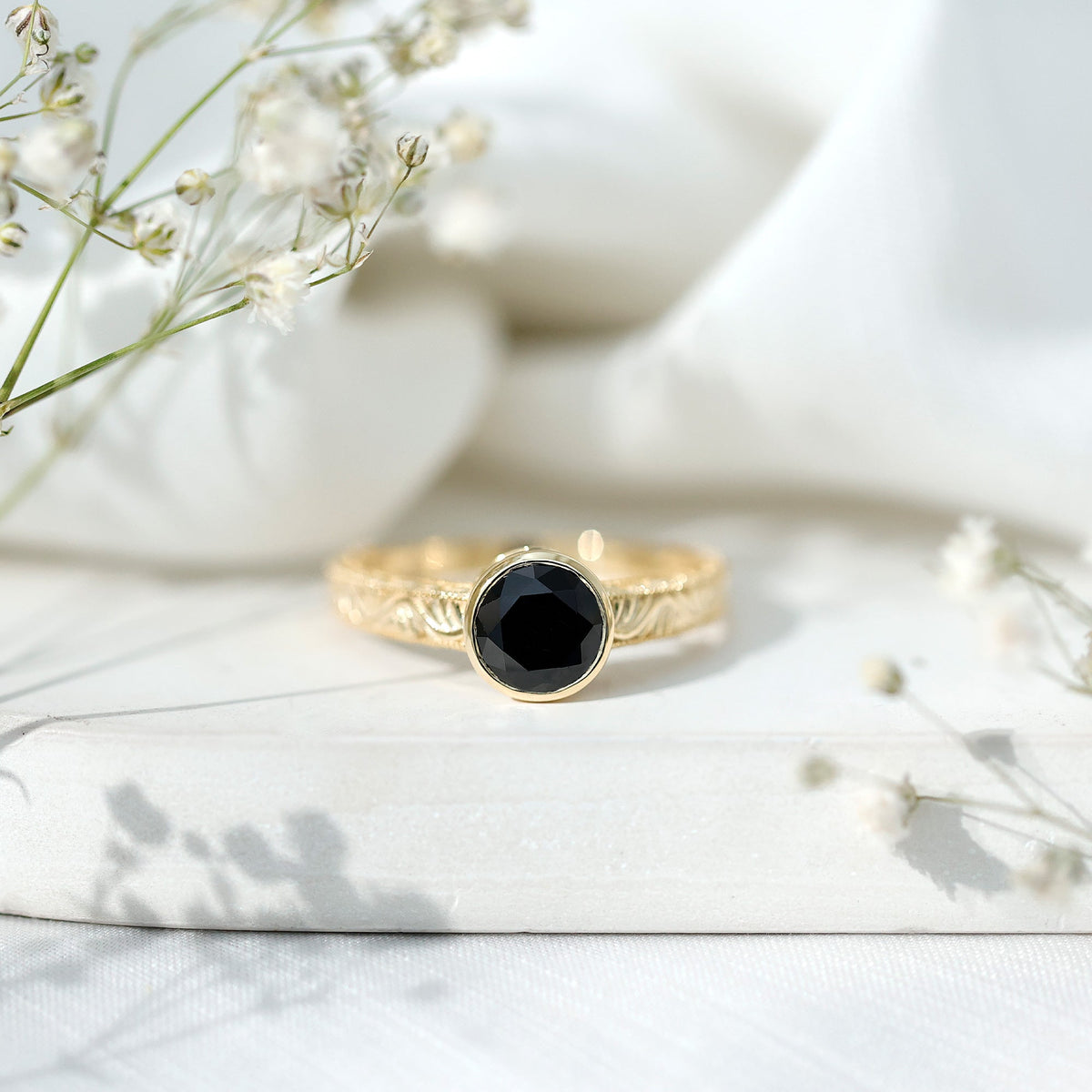 Vintage Style 2 Carat Lab Grown Black Diamond Bezel Set Engagement Ring