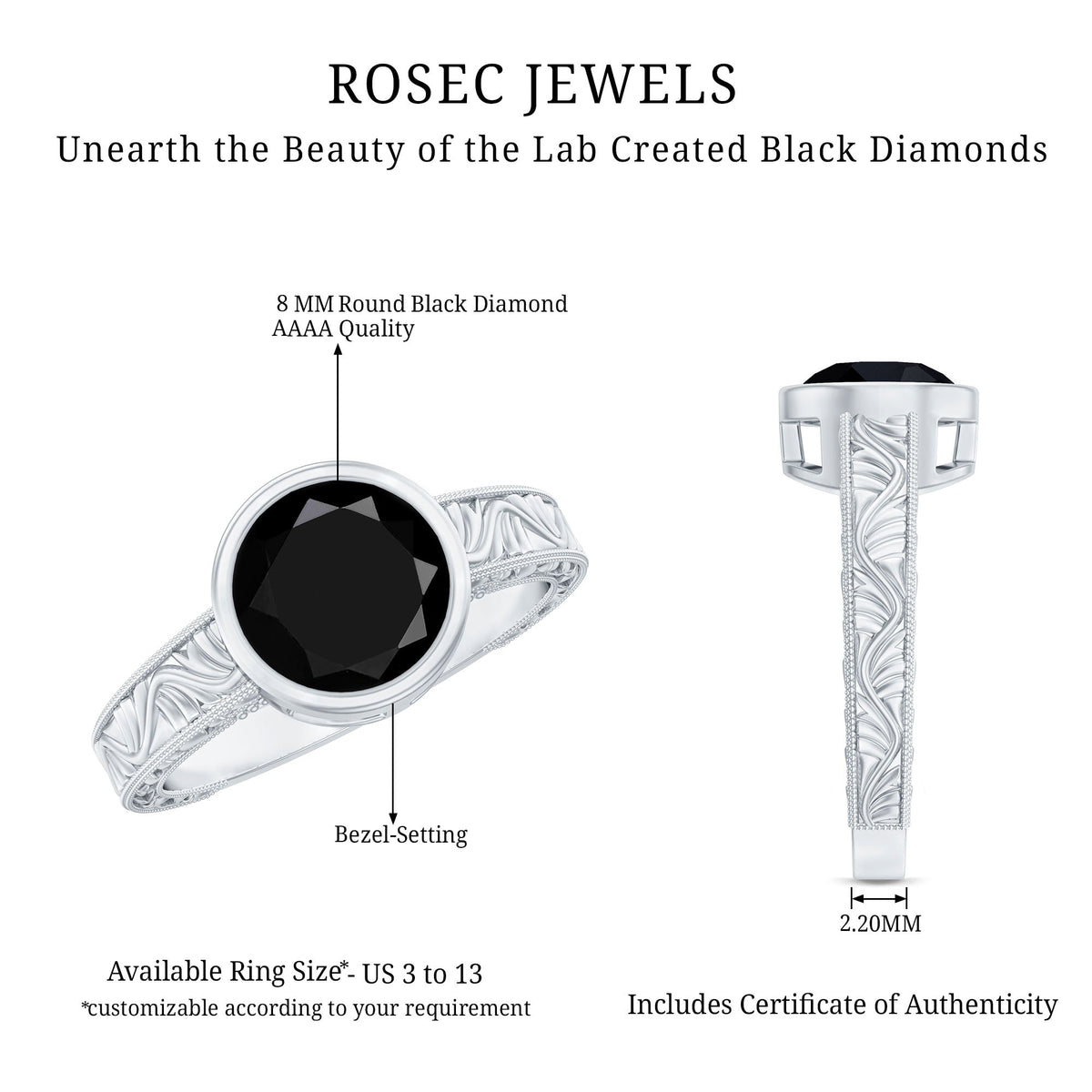 Vintage Style 2 Carat Lab Grown Black Diamond Bezel Set Engagement Ring