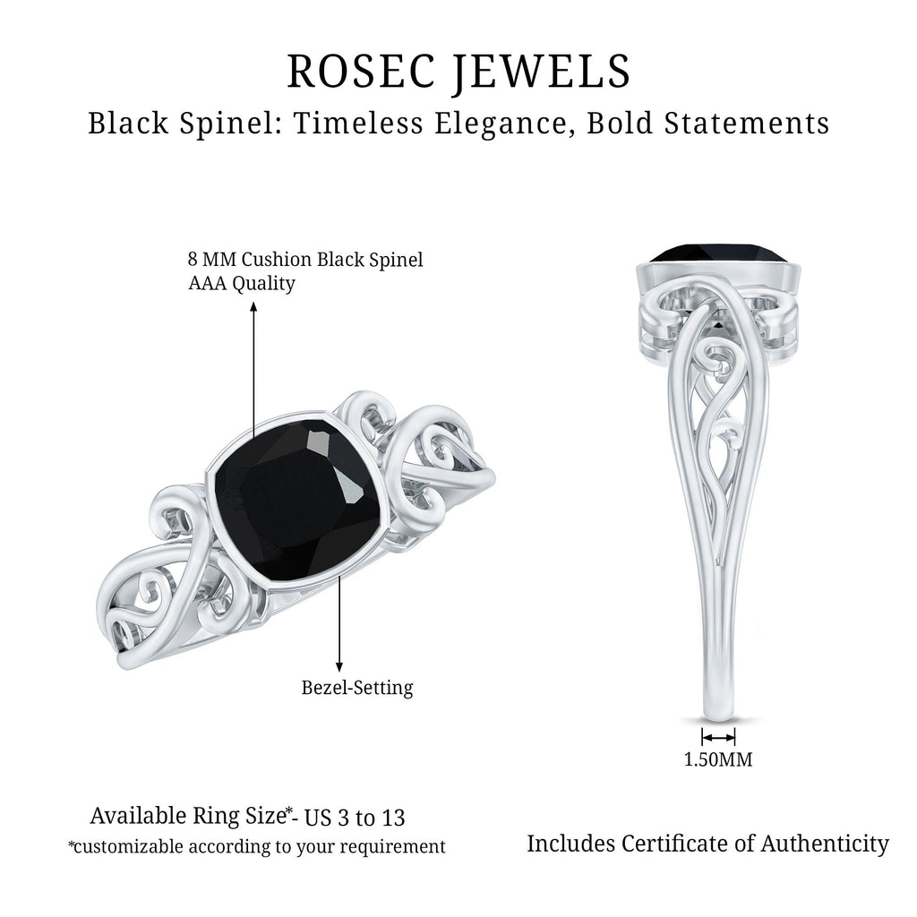 Vintage Style Black Spinel Cushion Cut Engagement Ring
