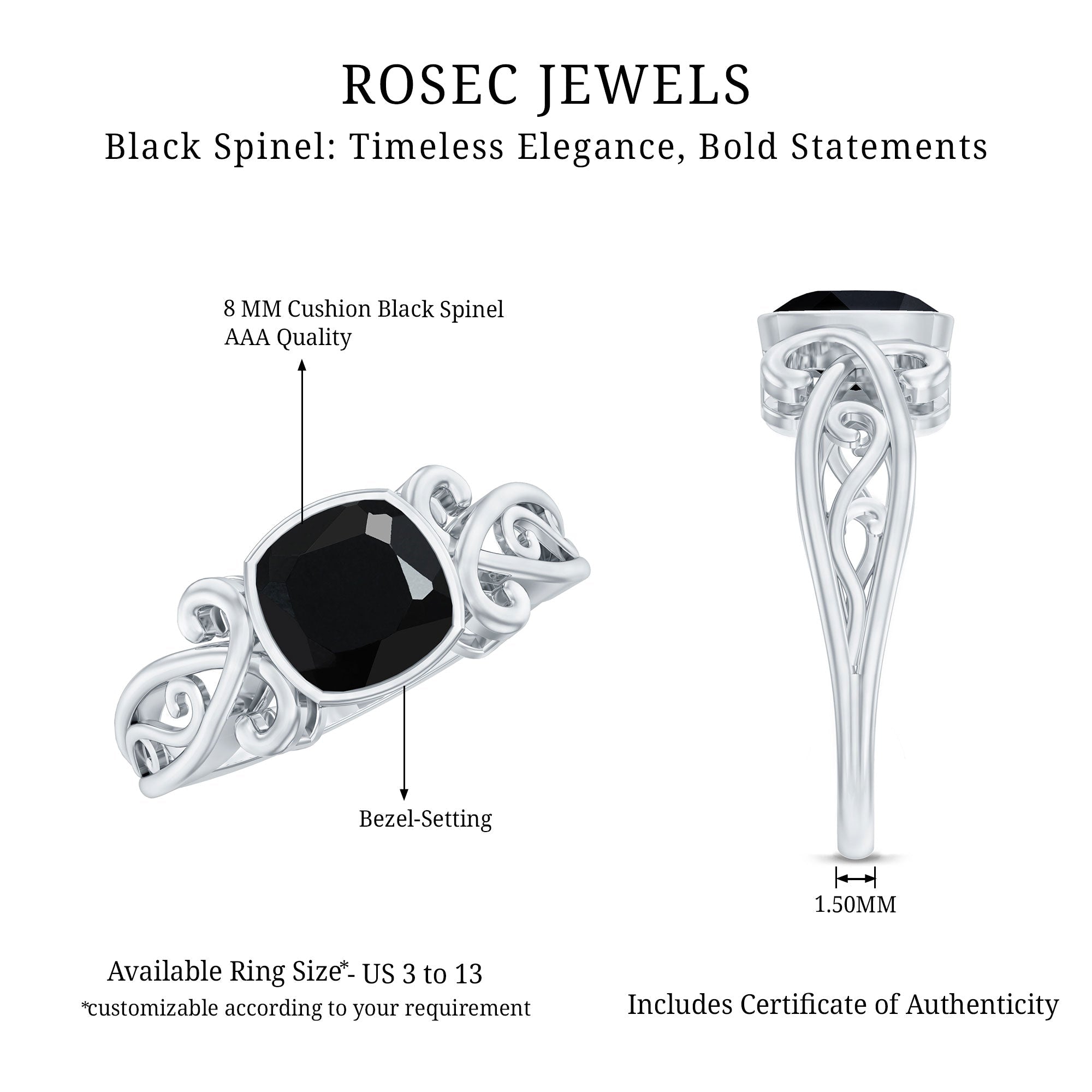 Vintage Style Black Spinel Cushion Cut Engagement Ring
