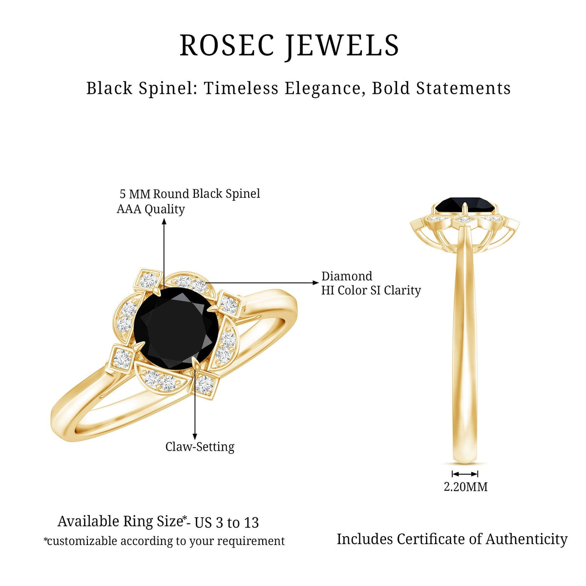 Vintage Style Black Spinel Engagement Ring with Diamond