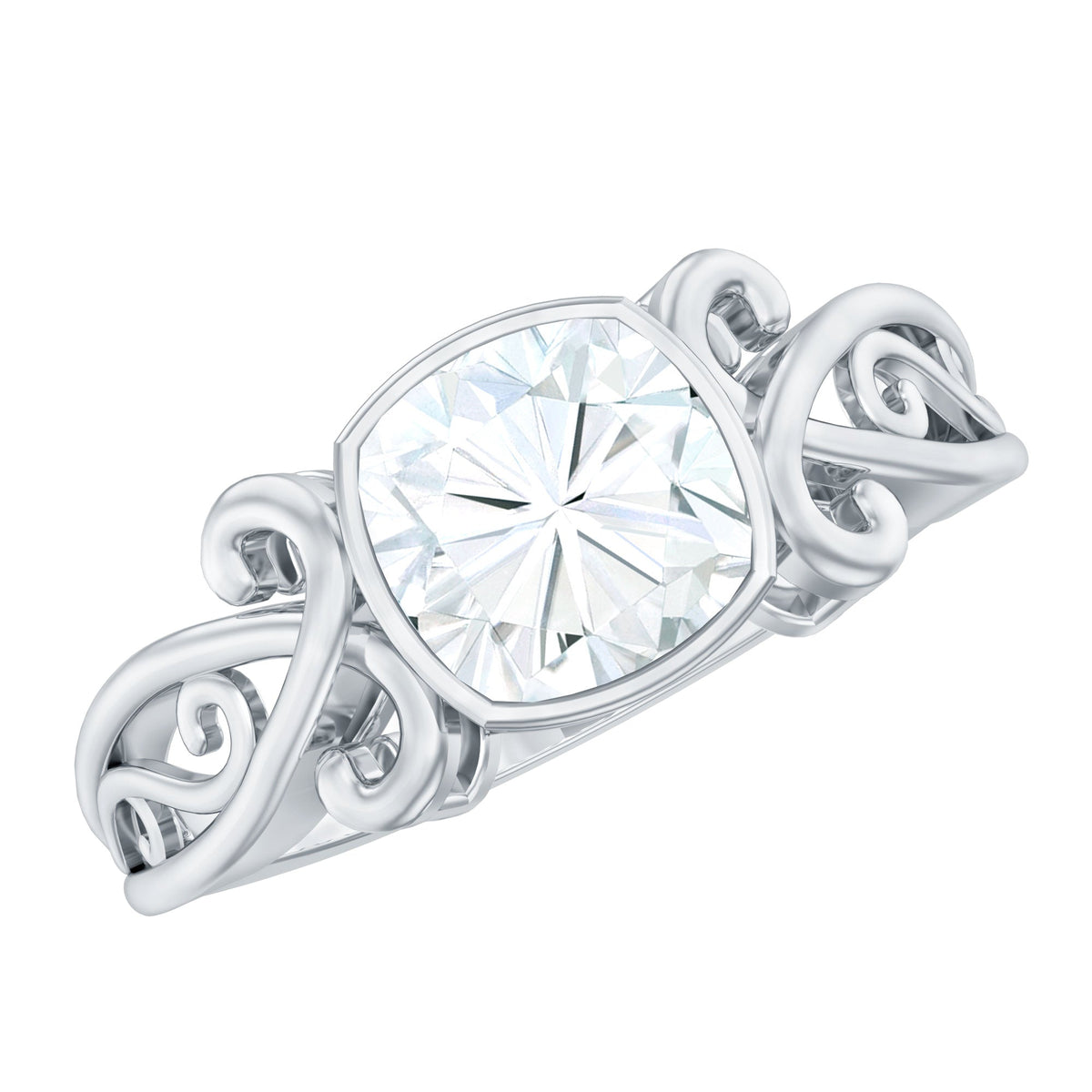 Vintage Style Cushion Moissanite Solitaire Ring in Bezel Setting