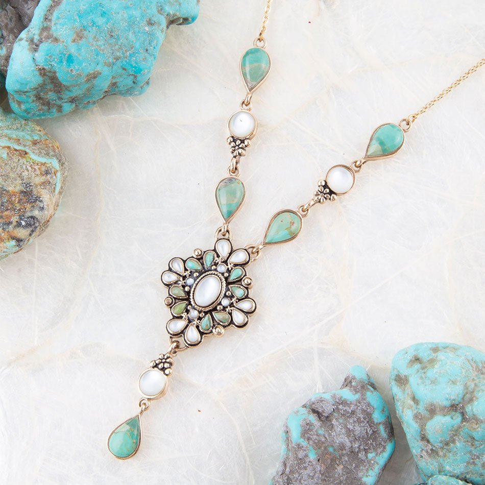 White Mother of Pearl and Blue Turquoise Golden Barcelona Y-Necklace