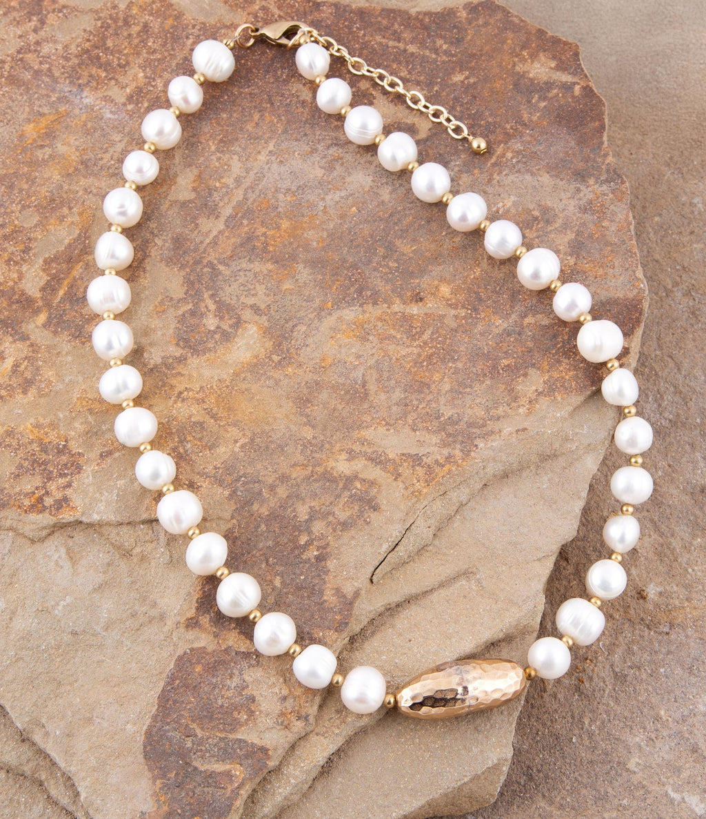 White Pearl Golden Beaded Strand Necklace