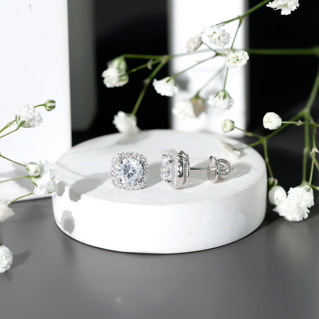 Womens 2 Carat Cubic Zirconia Halo Stud Earrings in 14K Gold Plated Silver