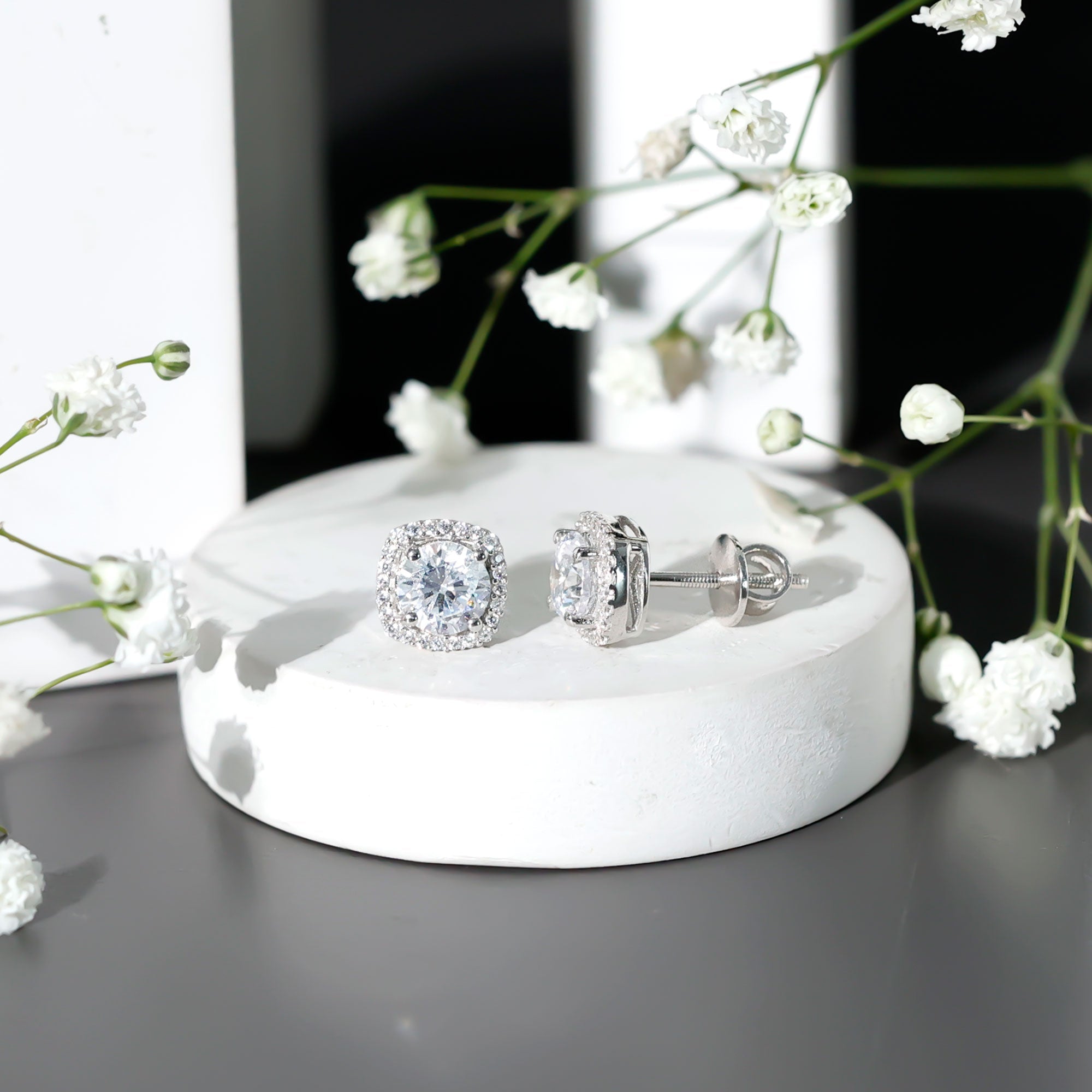 Womens 2 Carat Cubic Zirconia Halo Stud Earrings in 14K Gold Plated Silver