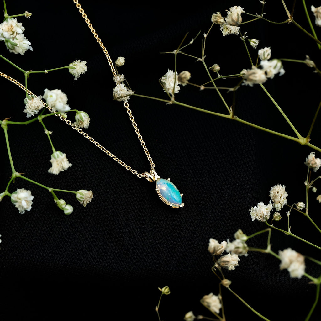 Yellow Gold Plated 1 Carat Marquise Ethiopian Opal Pendant Necklace with Chain