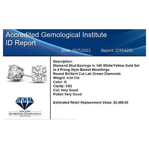 Lab Grown Diamond Earrings – 0.50 CTW Round Cut Studs | 14K Gold Stud Earrings